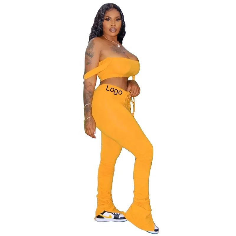 

Orange Logo Wholesale 2020 Cotton Ruched Custom Plus Size Stacked Pants For Women, Custom color