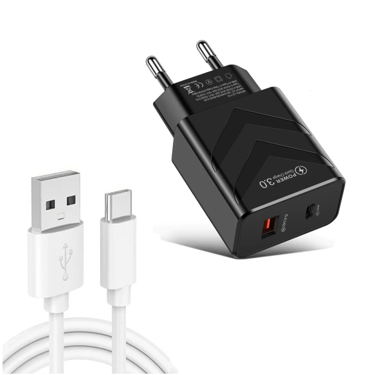 

20W PD QC 3.0 Dual-port Fast Charge Travel Charger with USB to Type-C Data Cable