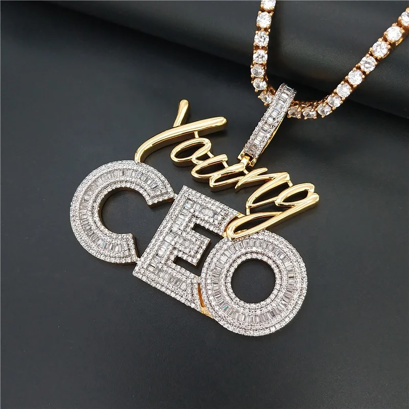 

gold silver color two tone plated hip hop bling 5A cz jewelry iced out baguette cz young CEO pendant