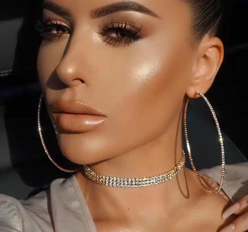 

2021 New Trendy Big Large Gold Plated Ice Out Bling Crystal Diamond Hoop Earrings, As pic