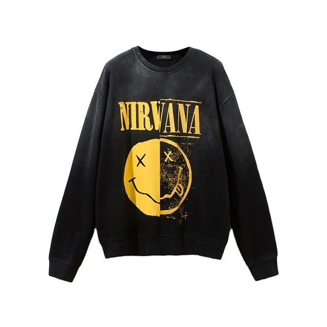 

2020 Autumn New Product 100%Cotton Nirvana Gradient Old Sweatshirt High Street Retro Tide Brand Crew Neck Men Sweatshirt, Black