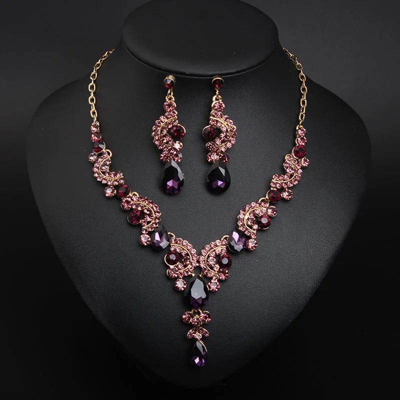 

2021 High quality Bridal Rhinestones Necklace Earrings Jewelry set Women Fashion Luxurious Crystal Jewelry set, 5 colors