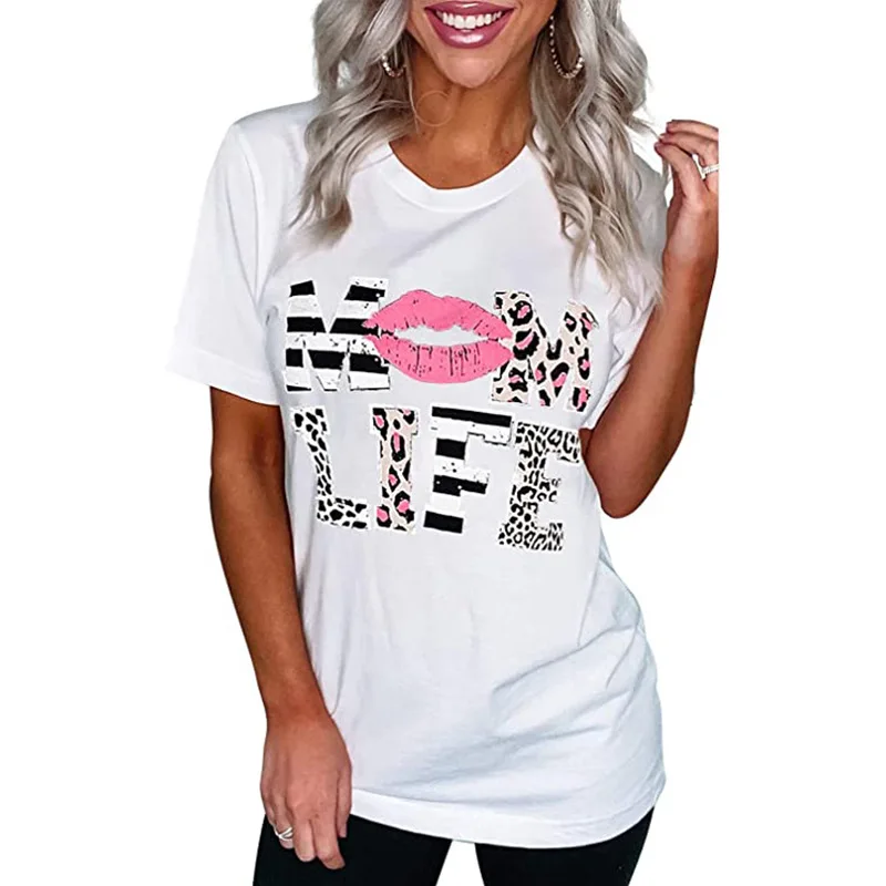 

2020 Amazon Hot Selling Blouse Leopard Print Lip Print Round Neck Short Sleeve T-shirt