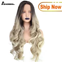 

Anogol Two Tones Natural Long Body Wave High Temperature Fiber Blonde Ombre Dark Roots Synthetic Lace Front Wig For Women
