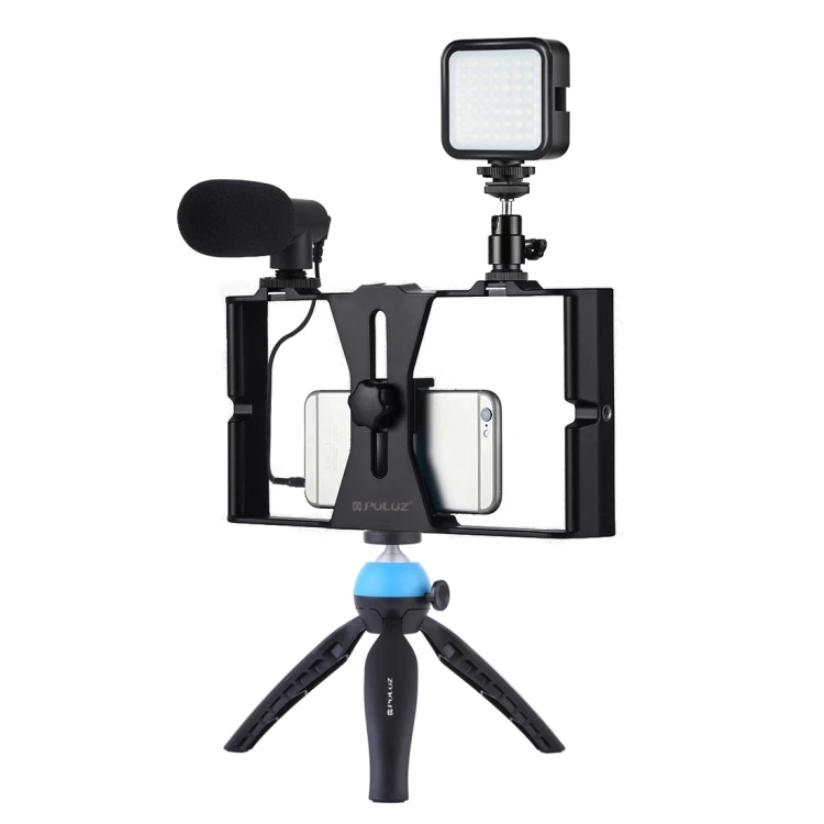 

OEM PULUZ 4 in 1 Vlog Live Broadcast LED Selfie Light Smartphone Video Phone Cage Rig Tripod Kits with Microphone Cold Shoe