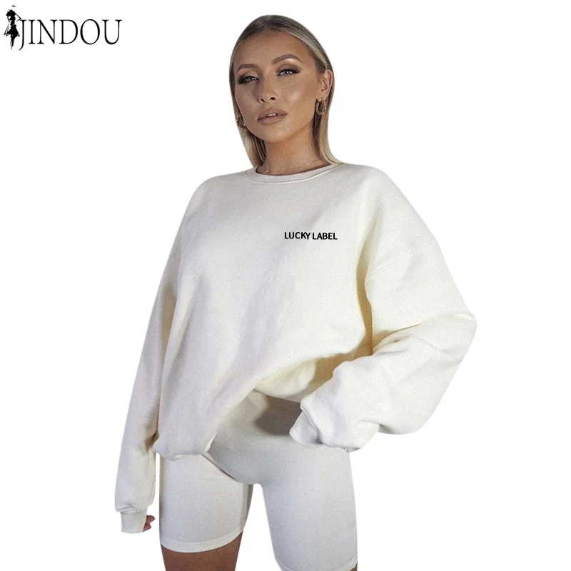 

2020 Fall in stock lounge wear casual shorts set with oversize embroidery sweatshirt women