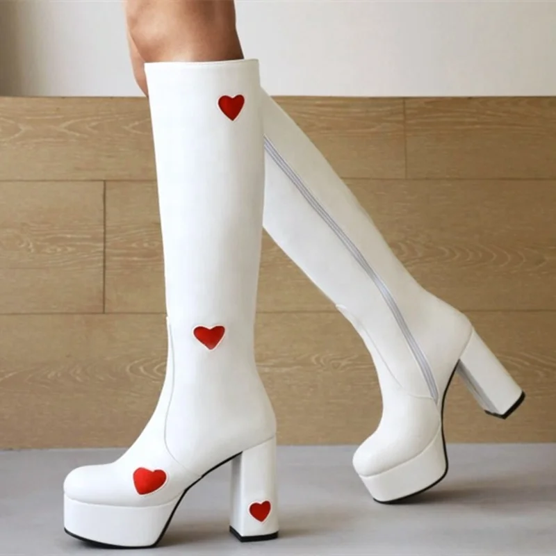 

Fancy Boots for Girls Heart Shape Winter Knee High Boots Platform Square Toe High Chunky Heel Shoes Side Zip Big Size 43, Black white