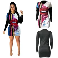 

low price summer lip print long sleeve casual tight dress