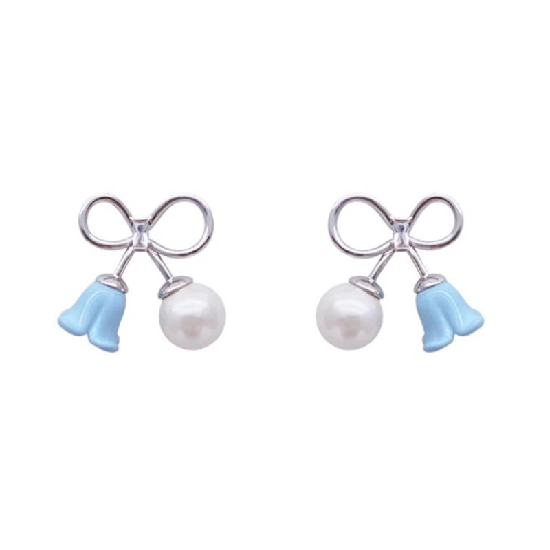 

pendiente Niche design blue rose pearl earrings temperament light luxury silver plated bowknot sweet jewelry stud earrings
