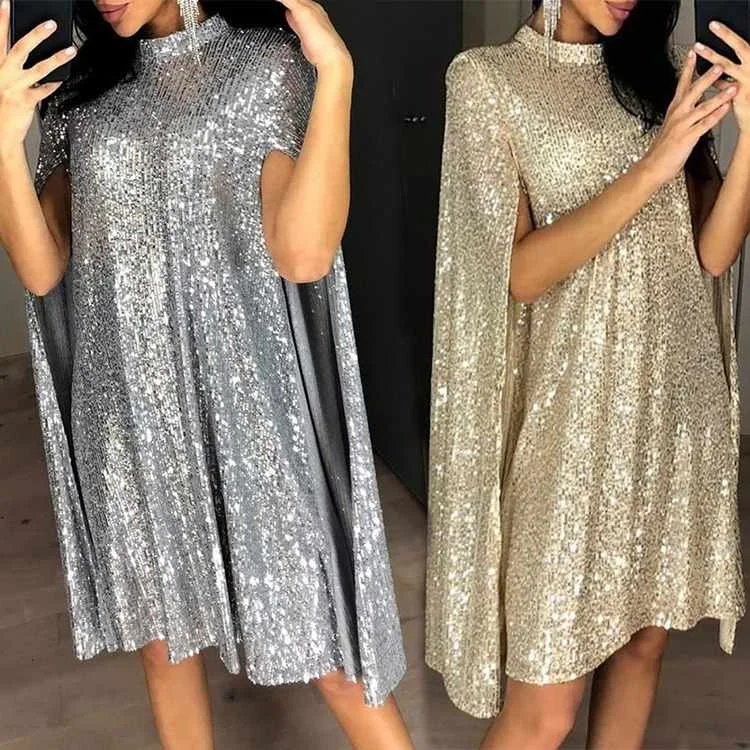 

Women's Sequined Party Midi Dress Cloak Sleeves Autumn Dresses Female 2021 Summer Loose Elegant Fashion Ladies Clothes Vestidos
