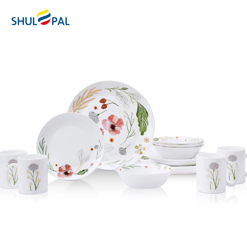 

Hot Selling Decal Tableware Tempered Opal Glass 16Pcs Full Dinnerware Set Service for 6