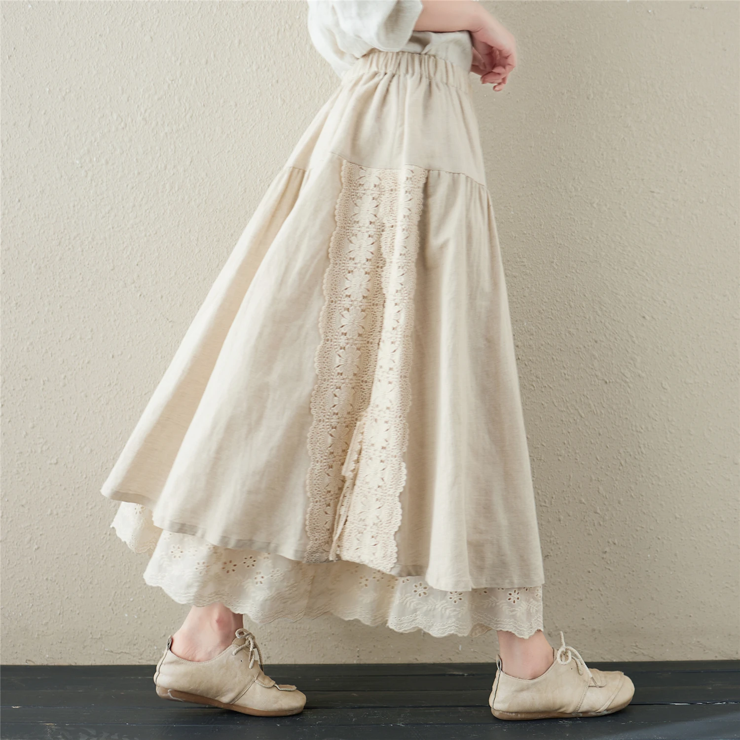 Wholesale 2026 Spring Linen Lined Lace-up Skirt  Women's Embroidered Elastic Waist Mid-length A-line Sweet Skirt