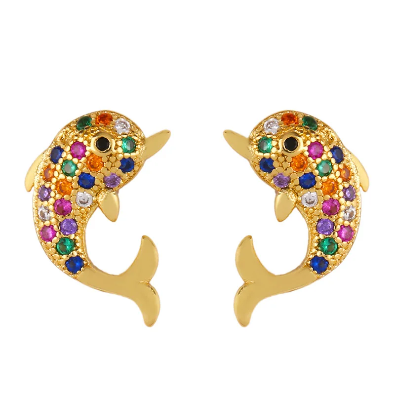 

New Delicate Jewelry Rainbow 24k Gold Dolphin Stud Earrings Micro Pave Zirconia Elephant Ear Studs Earring For Women, Picture
