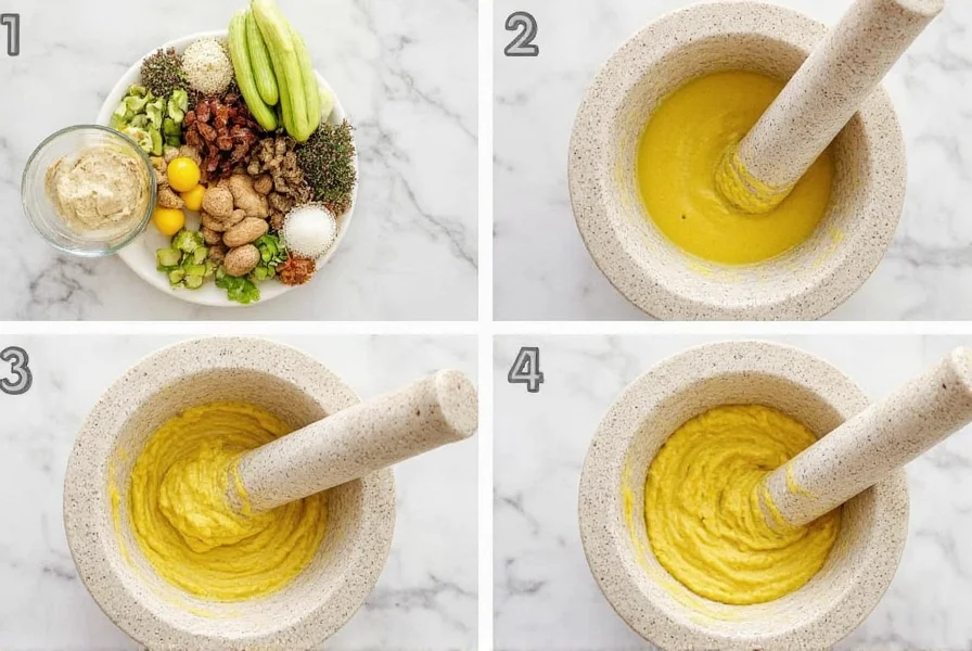 Step-by-step preparation of homemade pepper aioli in a mortar and pestle with fresh ingredients