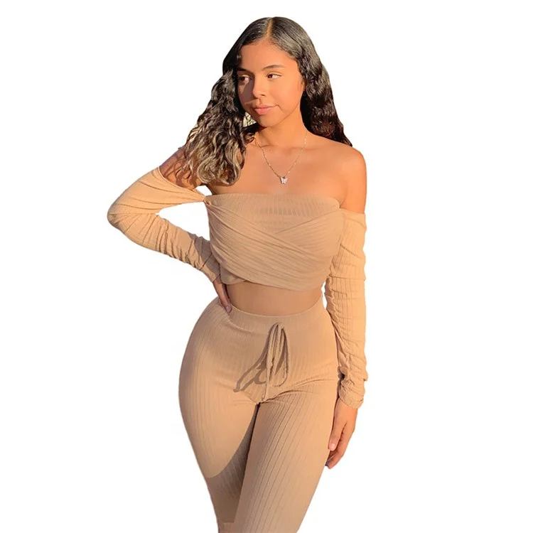 

Drawstring 2 Piece Set Off Shoulder Solid Color Trousers 2 Piece Off The Shoulder Pant Set Women