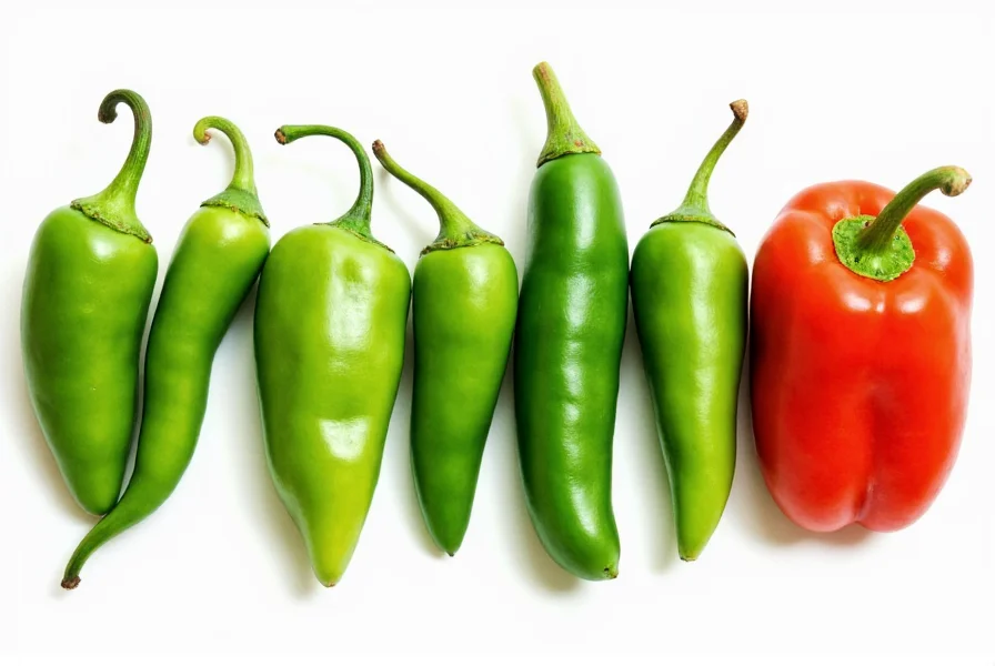 Comparison of fresh green chili alternatives including jalapeños, poblanos, and Anaheim peppers arranged side by side