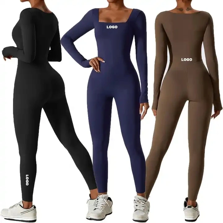 

Women's Fall Winter Workout Outfits Long Sleeve One Piece Yoga Leggings Jumpsuits Skinny Padded Sports Bodysuit Workout Playsuit