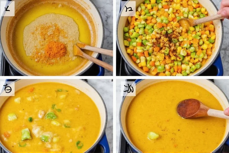Step-by-step preparation of turmeric chicken soup showing turmeric being sautéed in oil with black pepper before adding vegetables