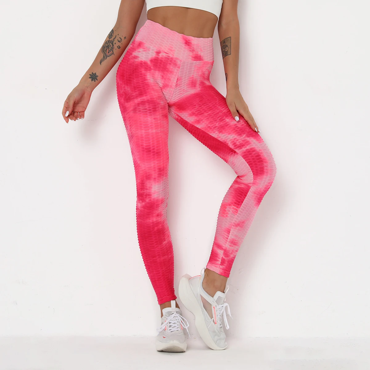 

Foreign Trade Hot Selling Women Tie Dye Print Fitness Yoga Pants Bubble Jacquard Fashion High Waist Gym Leggins