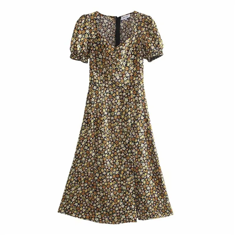 

BMURHMZA2021 summer new light mature style women's satin printed pleated short sleeve split midi dress, Picture color