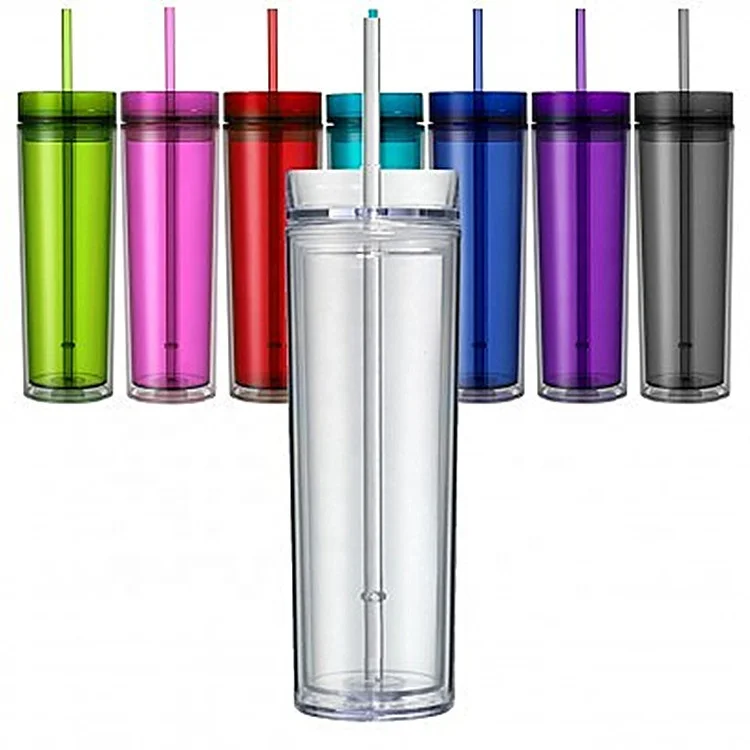 

US Local Warehouse Hot Sale Reusable 16oz Mug Clear Acrylic Plastic Tumbler with straw and lid Water Insulated Skinny Tumbler, Black/white/green/blue/purple/rose red