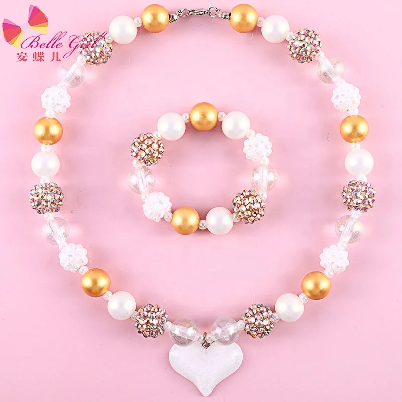 

BELLEWORLD 2021 new trend fancy kid jewelery set children cute bright color plastic bracelet bangle necklace artificial pearl, Shown