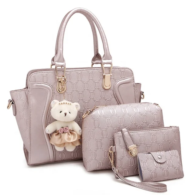 

High Quality Luxury Brand Soft Leather Ladies Bag Set Female Shoulder Handbag With Bear Pendant, White, red, blue, black, gold , champagne