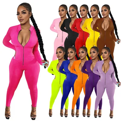 

B53601A Hot sale women plus size fashion long sleeve pure color zippers jumpsuit, Shown