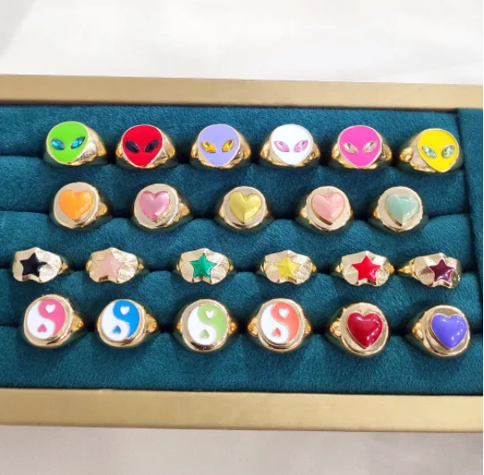 

wholesale popular women star finger rings jewelry fashion enamel heart flower ring gold happy smiley face rings for girls, Colorful