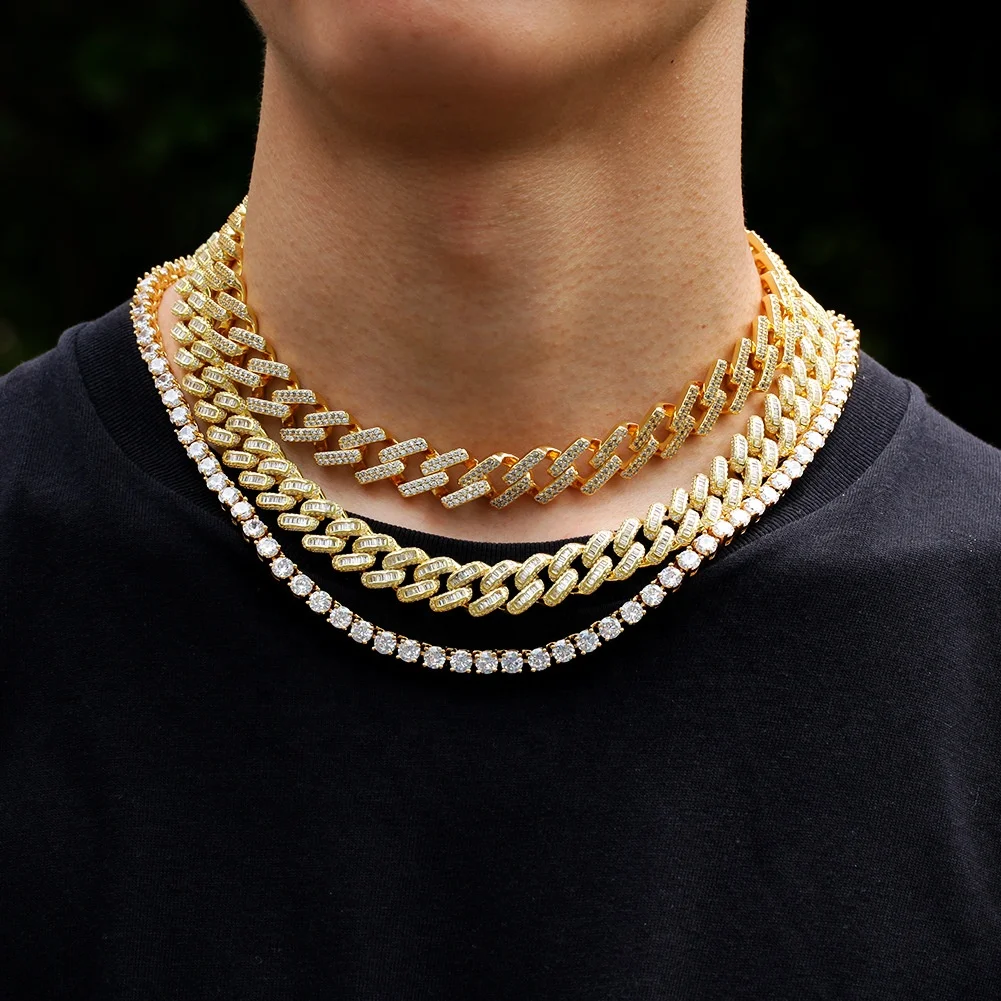 

Wholesale Mens Hip Hop Jewelry 13mm Cuban Link Necklace 14k 18k Gold Iced Out Diamond CZ Cuban Link Chain for Men Women