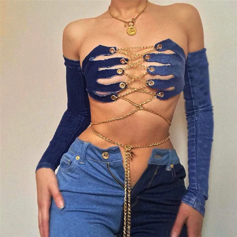 

2021 Summer Hollow Out Sexy Fashionable Denim Women Tops with Chain, Blue