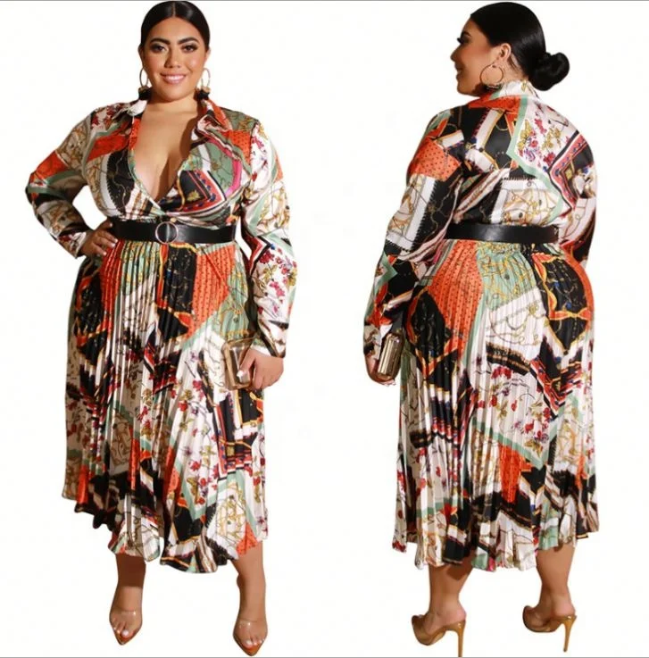 

Printed Satin Pleat Dress Plus Size Casual Ladies Clothing Women Long Dress