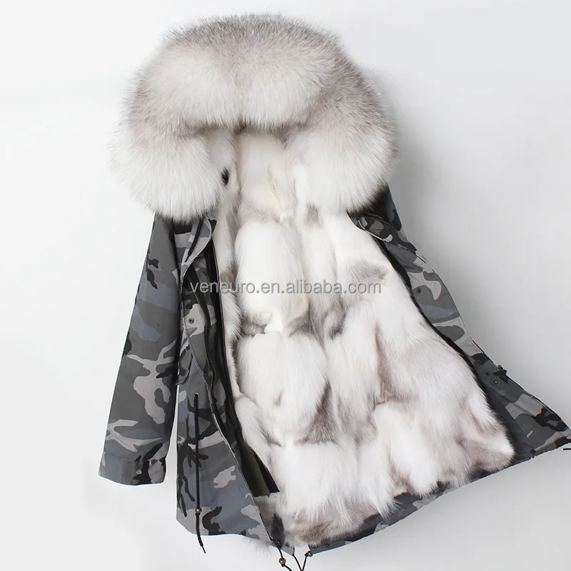 

Wholesale Ladies Winter fox Fur Collar Long fox Fur Lining coat Women Fur Parka Jacket, Black pink