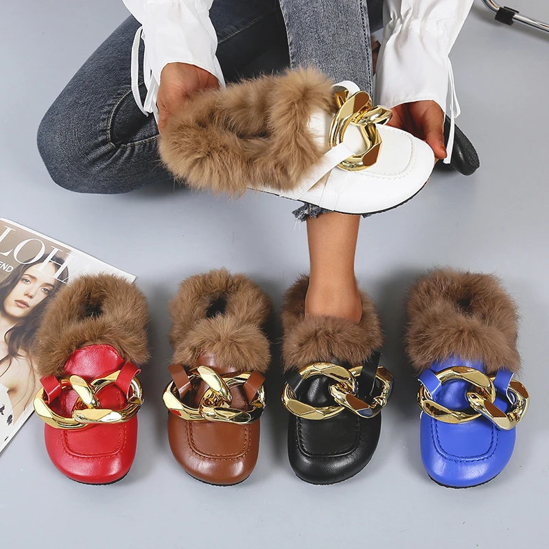 

2021 Autumn Winter Fashion Thick-Soled Cork Baotou Slippers Women's Warm Fur Shoes Metal Chain Half Ladies Plus Size Slippers