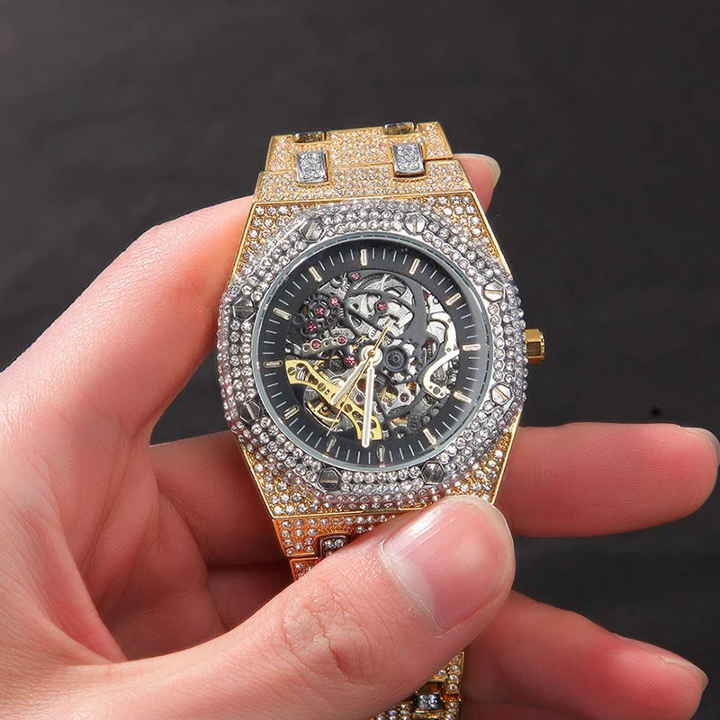 

Fashion Silver Design Man Ice Automatic Skeleton Mechanical Watch Diamond For Men Orologio Uomo Donna