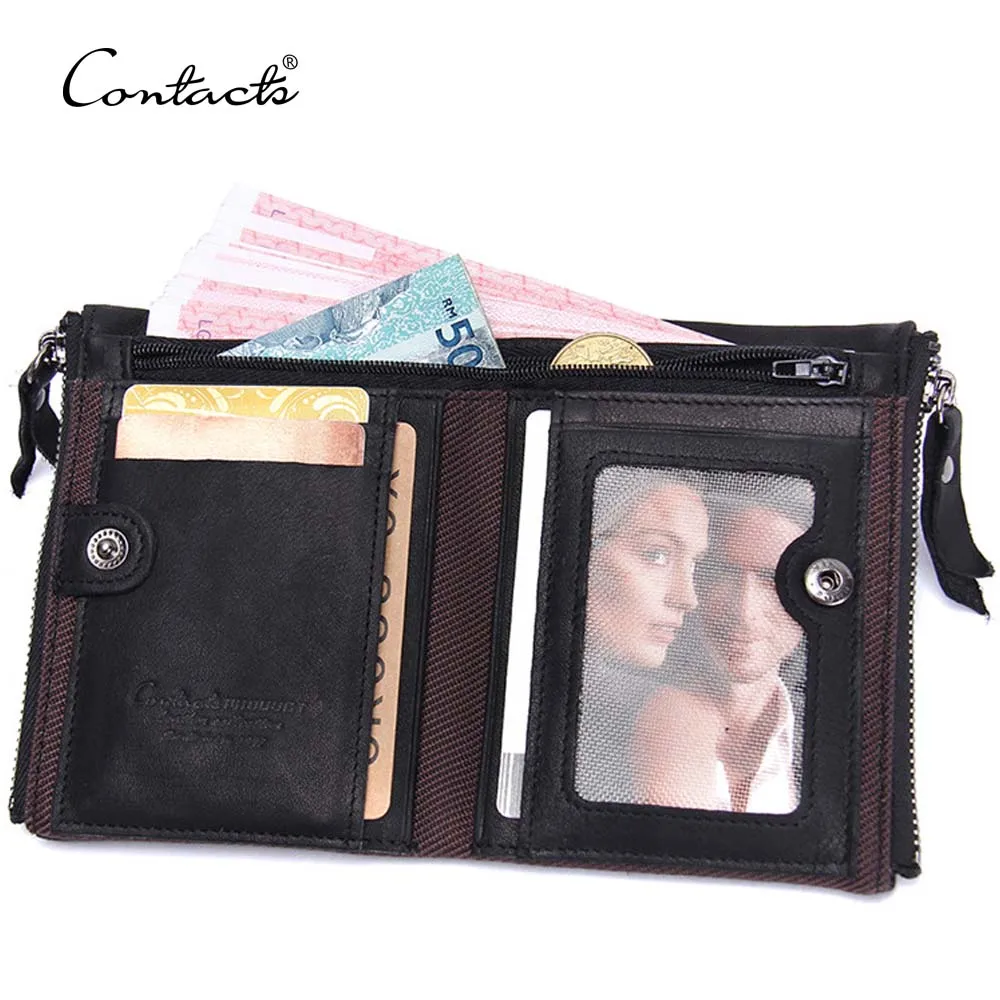 

contact's dropship hot sale crazy horse leather zipper hasp closure genuine cow leather wallets mens with credit card slots, Brown/red/black