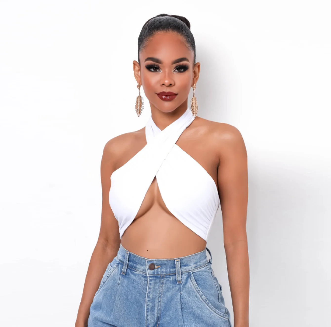 

BM1320 Women new sexy open navel hanging neck cross bandage top