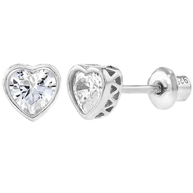 

925 Sterling Silver CZ Small Heart Screw Back Earrings Baby Girl Kids