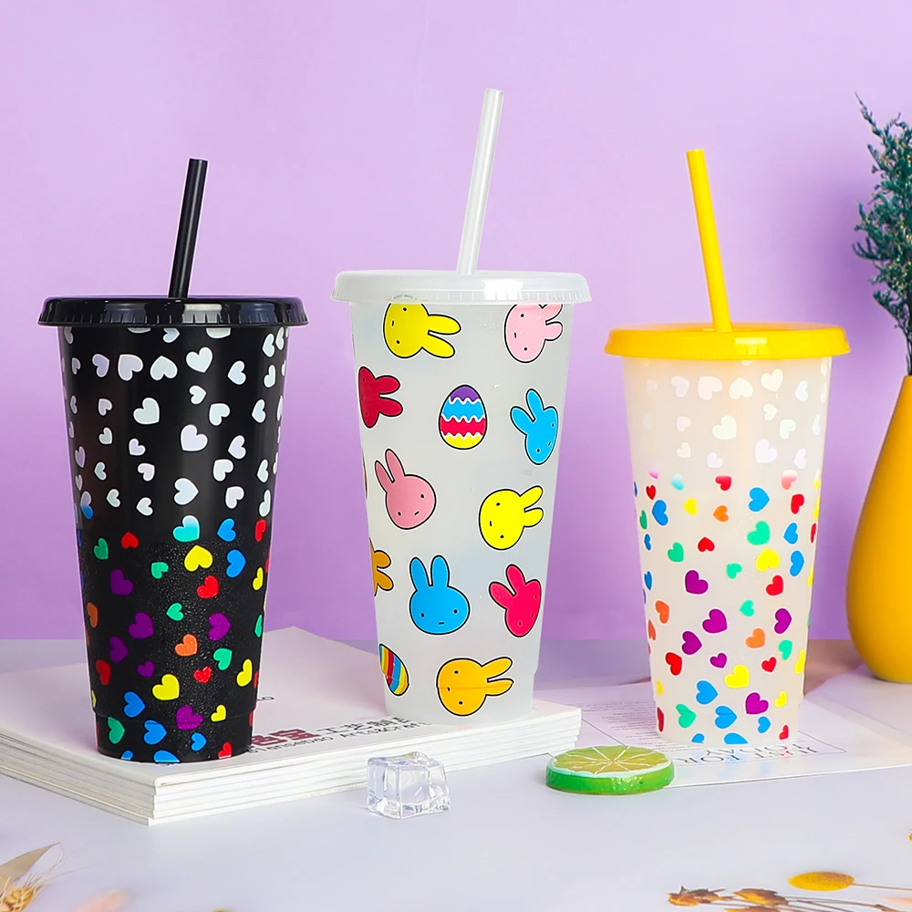 

Magic drink 710ml pp 24oz stadium coffee reusable heart custom cold plastic color changing cup with lid and straw