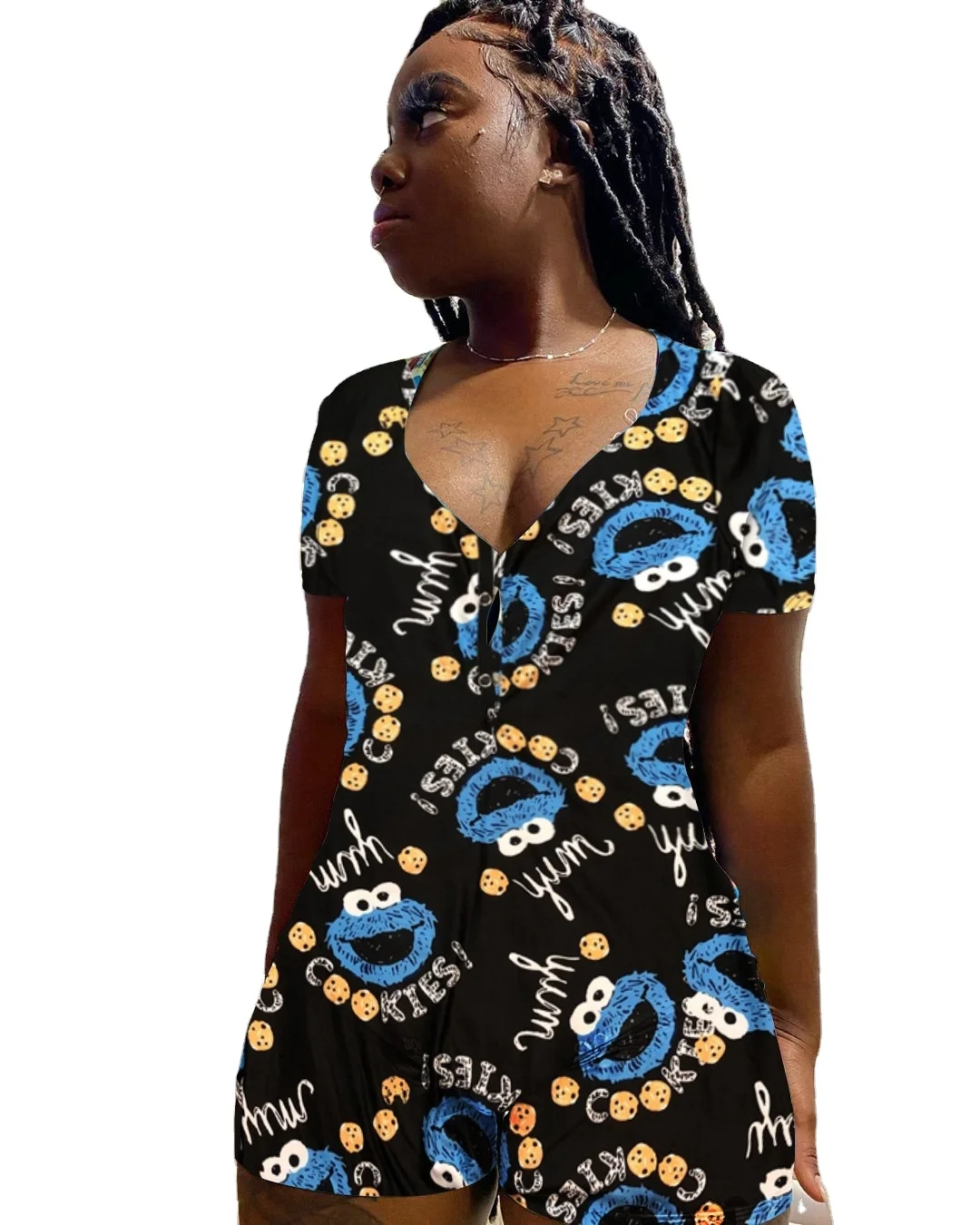 

Wholesale Cute Cartoon Cookie Monster Short Sleeve Onsie Pajamas Women Sleepwear Sexy Adult Onesie For Women, Customized color
