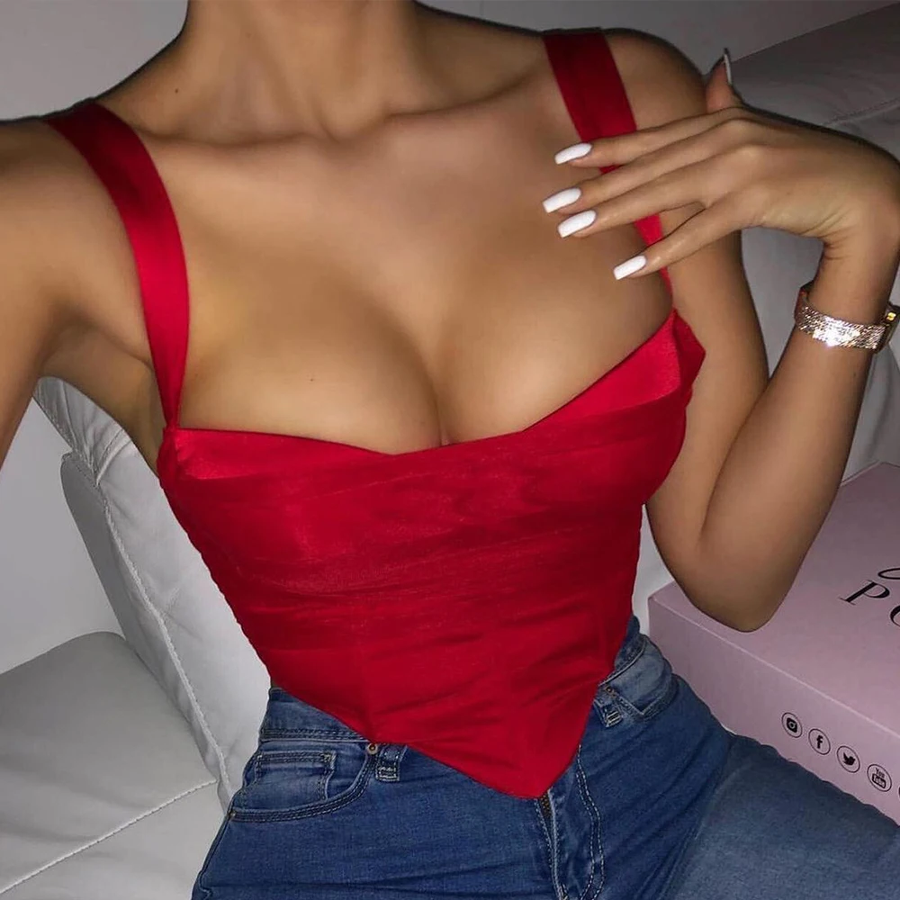 

Red Mesh Double Layer Padded Corset Satin Sweetheart Fit Tank Top Ruched Cami Streetwear Bustier Sexy Crop Top, Customized color