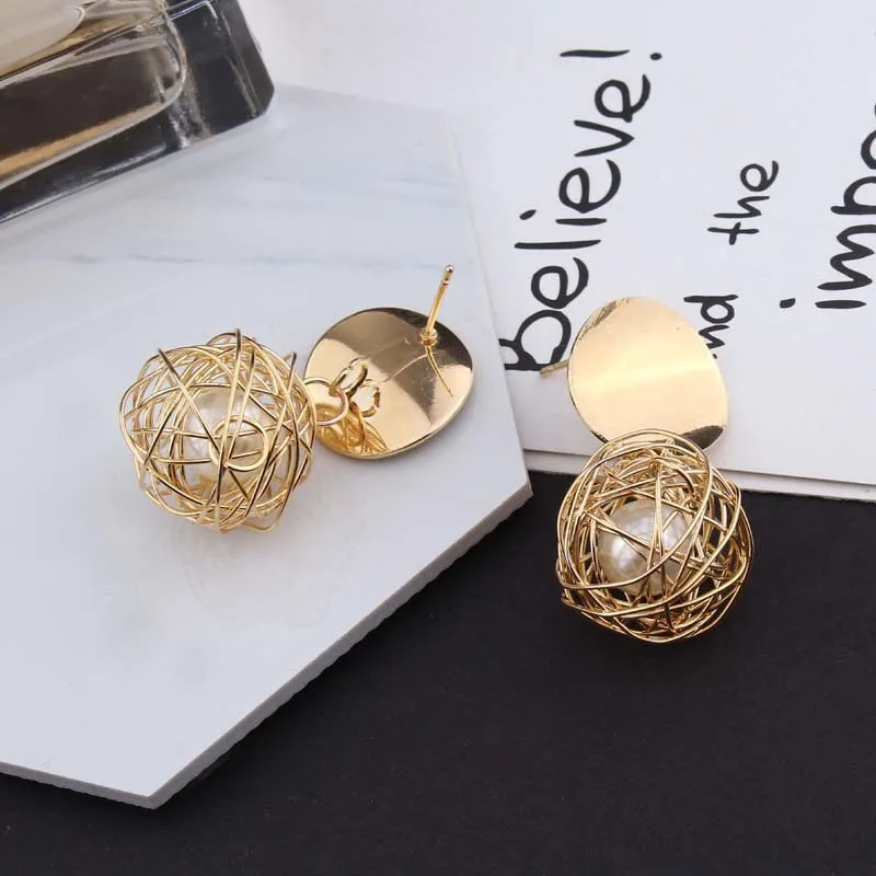 

Artilady Fashion punk round Geometric earrings creative woven ball pearl earrings for women jewelry, As picture show