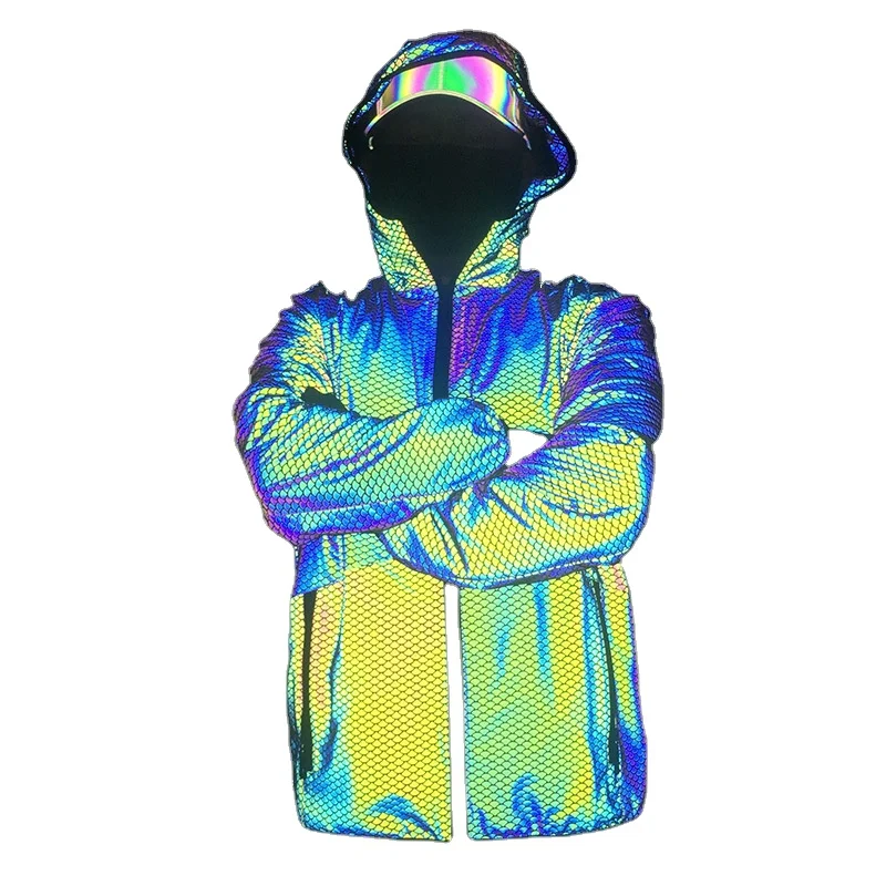 

High visibility jacket rainbow snake skin pattern reflective pullover coat hooded jackets for street fashion wear hip hop dance