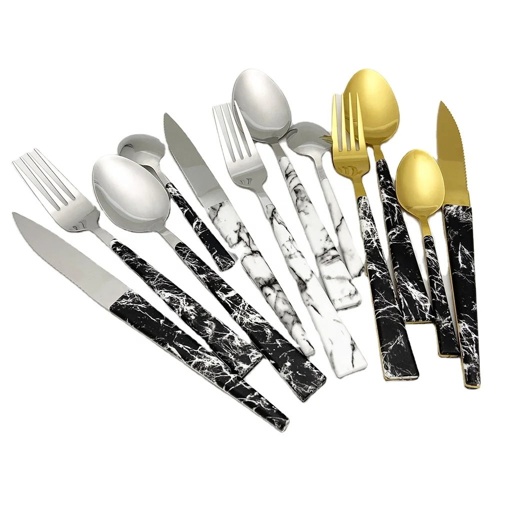 

New customized marble top handle plastic cutlery stainless steel gold flatware set wedding hotel table setting luxury dinner set, Silver;gold;rose gold,rainbow color