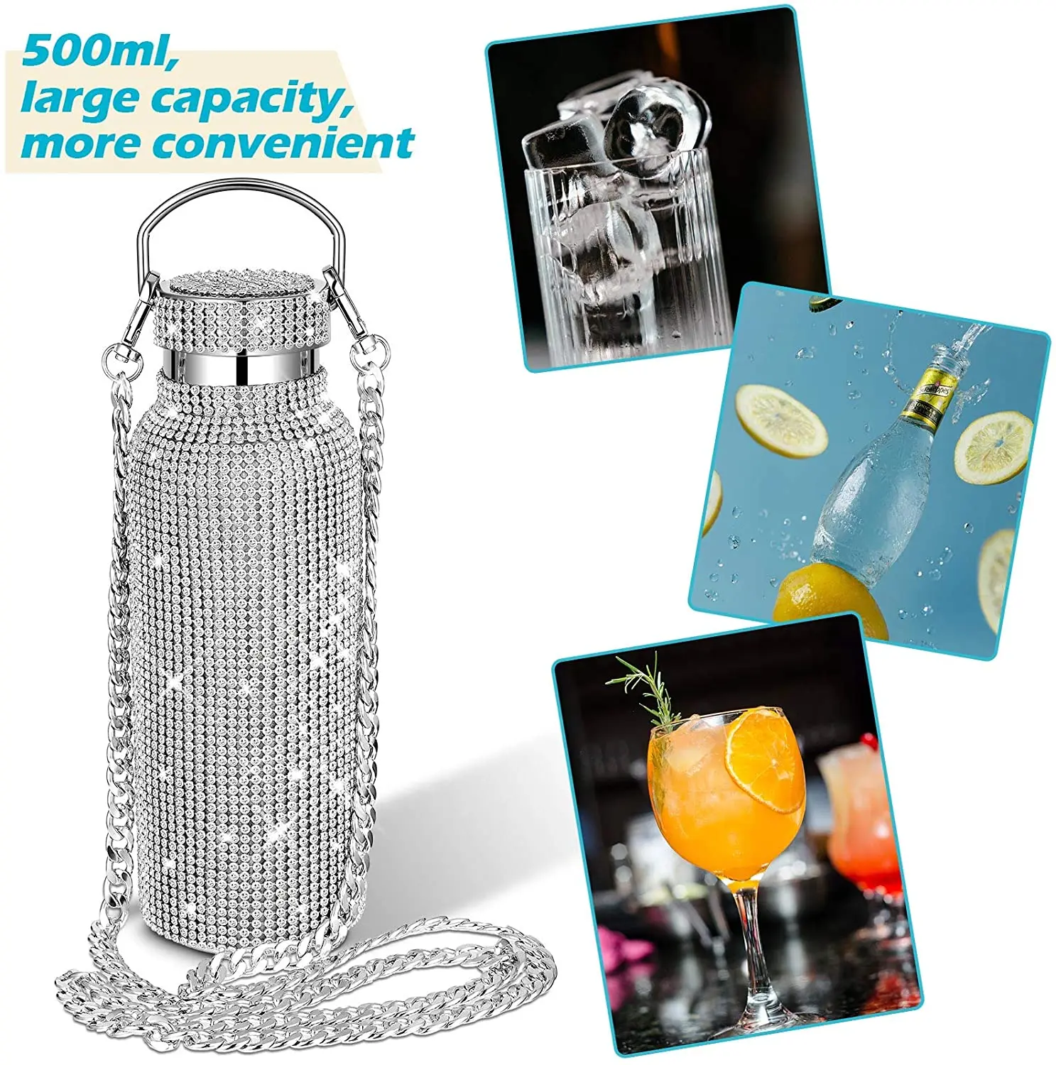 

Sparkling High-end Insulated Bottle Bling Rhinestone Stainless Steel Thermal Bottle Diamond Thermo Silver Water Bottle