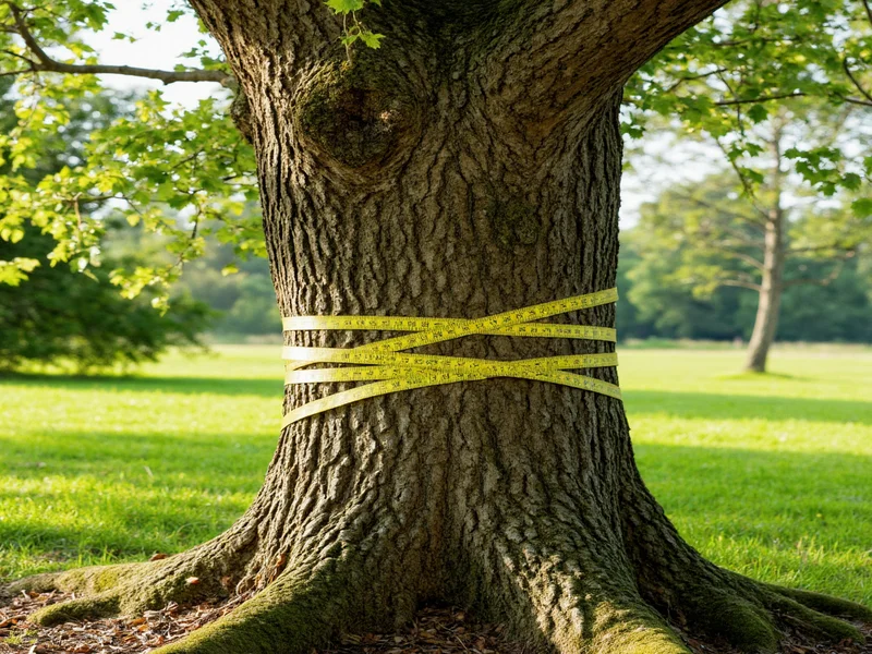 Healthy oak tree with measuring tape around trunk