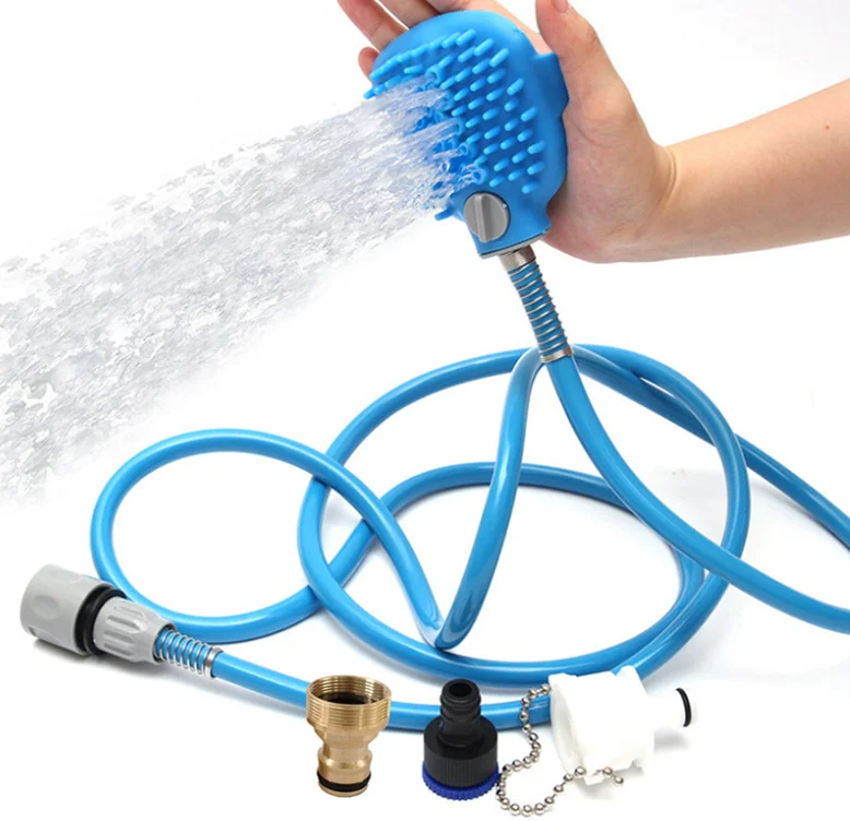 

Silicones Pet Bathing and Washing Adjustable Massage Dog Bath Brush Sprayer and Scrubber Tool in One Pet Shower Set, Blue