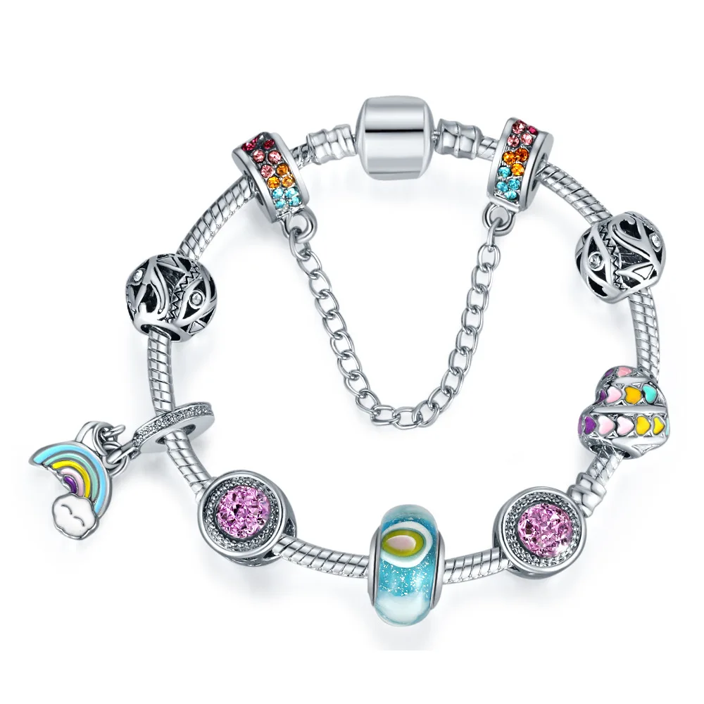 

DIY Silver Plated Pink Crystal Colorful Heart Charm Beads Bracelets Colorl Enamel Rainbow Charm Bracelet