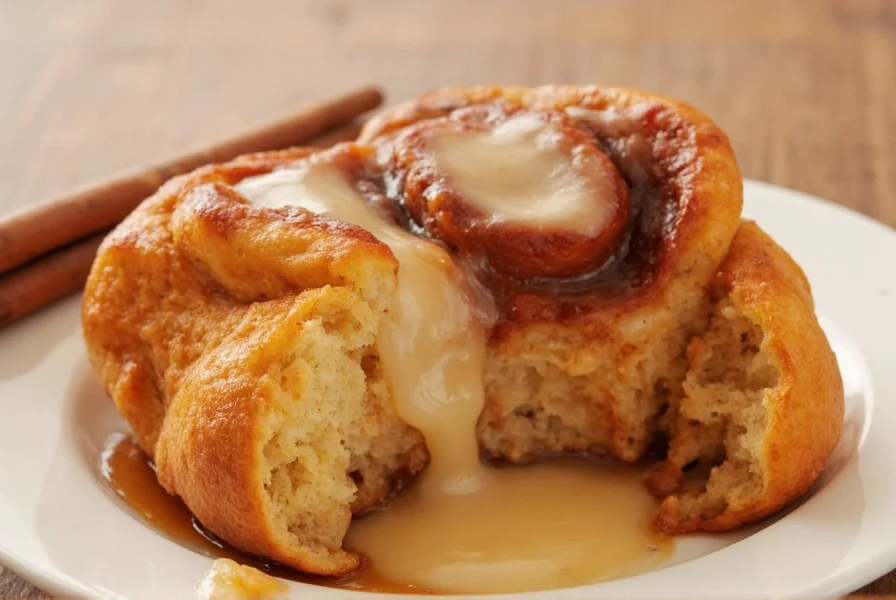Close-up photo of gooey cinnamon roll with molten center oozing out, showing perfect texture contrast between baked exterior and soft interior