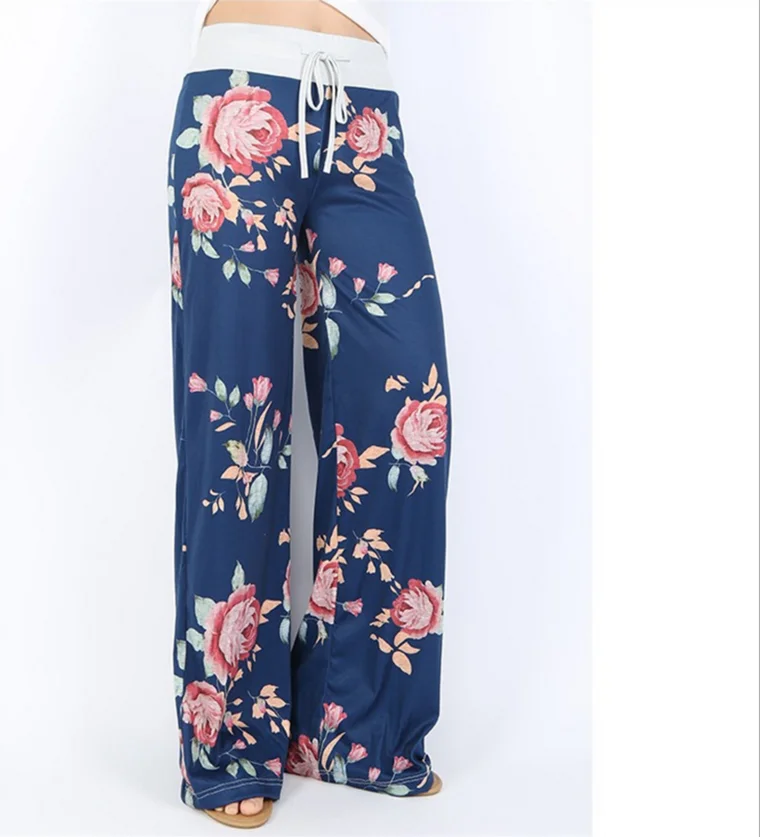 

Wholesale casual printed drawstring loose floral pants for women